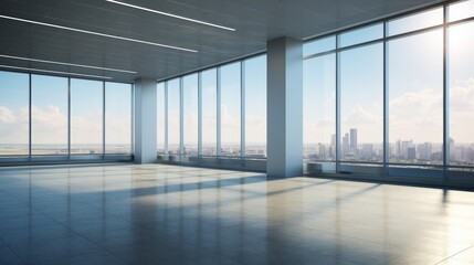 Modern empty business office with panoramic windows and urban background. Concept of contemporary architecture, corporate spaces, business environments.