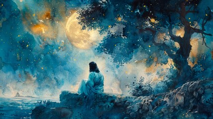 Watercolor illustration of Jesus Christ in prayer in the Garden of Gethsemane, under a moonlit sky the night before Easter. Concept of faith, Easter, resurrection, Christian beliefs, religious. Art