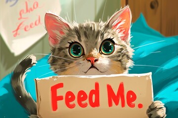 Cute hungry kitty asking for food with a sign that says "Feed me". Concept of pet care, animal feeding, funny cats, and humorous pet expressions. Art
