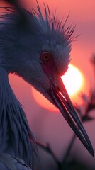 A grey crane displays its beak in photorealistic detail against a sky pinked by the setting sun. Close-up of a grey crane under the magical touch of the twilight sun in tonal reproduction. - obrazy, fototapety, plakaty