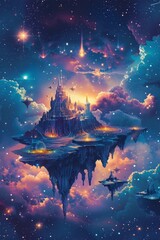 A painting depicting a grand castle hovering in the sky among the clouds and stars, showcasing a surreal scene of fantasy and wonder