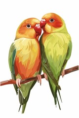 Two lovebirds, small and colorful, sit close together on a thick tree branch. The birds are observing their surroundings, with one slightly leaning towards the other