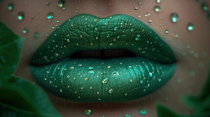 Abstract macro illustration of sensual female lips stylized in green as an association to a healthy life in a healthy environment