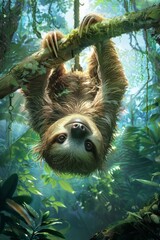 Fototapeta premium A sloth peacefully hangs upside down from a tree branch in the lush jungle, showcasing its slow and deliberate movements as it navigates its natural habitat