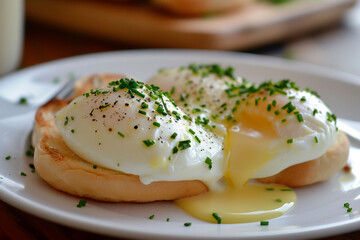 Poached white eggs on English muffins, garnished with chives and pepper, served on a plate, embody the appeal of gourmet brunch and culinary finesse.