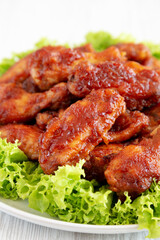 Homemade Honey BBQ Chicken Wings on a Plate, side view. Close-up.
