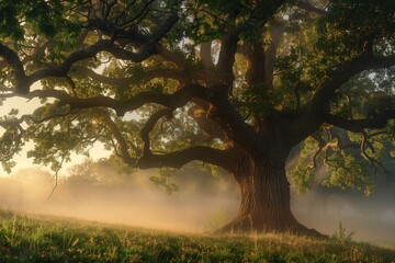 Misty Morning Light Shrouding an Ancient Oak Tree, Its Branches Stretching Outward as Guardians of History, Celebrating Conservation and Heritage on Earth Day