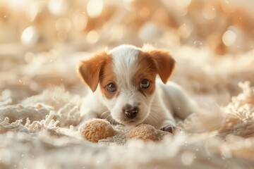 A fawncolored puppy from the Sporting Group, a terrestrial animal and carnivore belonging to the Canidae family, is resting on a blanket with its white fur shining under the sun - obrazy, fototapety, plakaty
