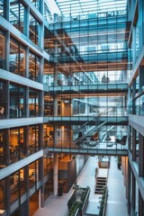 Fototapeta premium A very large building with an impressive number of windows, showcasing modern architectural design. The building stands tall against the sky, reflecting light from the glass panes