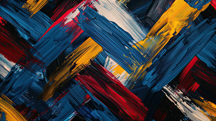 An abstract expressionist painting featuring bold brushwork in primary colors creating a sense of...