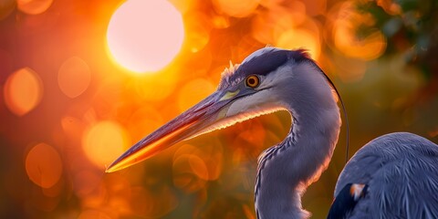 A heron displays its beak in photorealistic detail against a sky pinked by the setting sun. Close-up of a ardeidae under the magical touch of the twilight sun in tonal reproduction. - obrazy, fototapety, plakaty