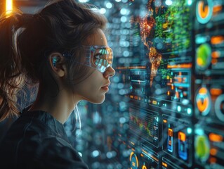 A woman with futuristic glasses closely examines a large digital display of data on a wall.