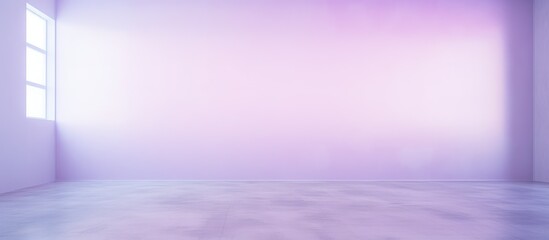 An empty room with white walls and a window. The room is bright with a pale violet iridescent wall...