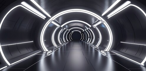 Design a tunnel-like space with a futuristic aesthetic, featuring soft lights and metallic elements