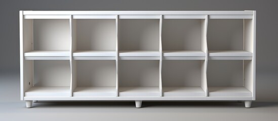 A white storage shelf with multiple shelves displayed in a frontal view. The shelves are neat and organized, ready to hold various items.