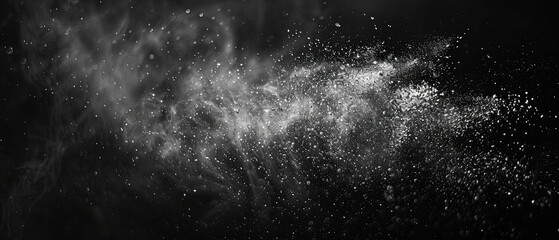 Depicting a dramatic scene, the image shows a powerful flow of particles in monochromatic black and white, suggesting movement and transition