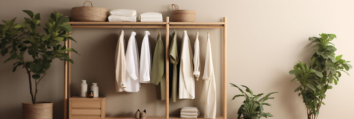  A well-organized wooden clothing rack adorned with neutral-toned garments, complemented by lush indoor plants, embodies the Japandi philosophy of simplicity and nature, minimalism