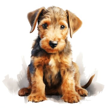 recommend clip art: Airedale terrier dog. Bingley terrier, waterside terrier. Puppy dog clipart. Watercolor illustration. Generative AI. Detailed illustration.