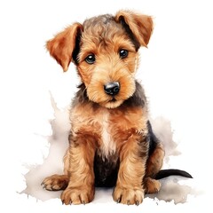 Airedale terrier dog. Bingley terrier, waterside terrier. Puppy dog clipart. Watercolor illustration. Generative AI. Detailed illustration.
