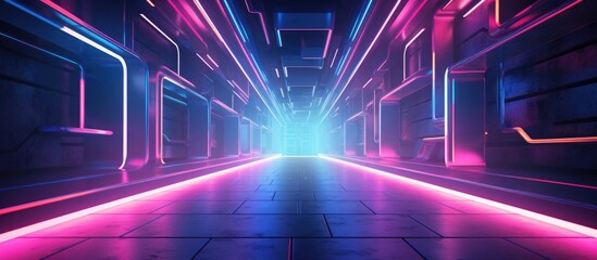 A hallway lined with abstract concrete walls is illuminated by pink, blue, and yellow neon lights. The tiled floor adds to the futuristic ambiance of the space.