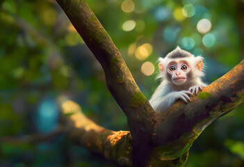Mała slodka małpka wpatrująca się w leśne życie pod soba, piękne duże oczy. - obrazy, fototapety, plakaty