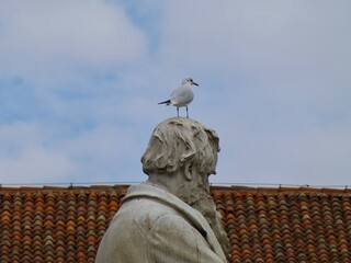 Side of a statue with a seagull on top 