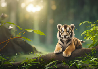 Słodki mały tygrys odpoczywający na gałęzi - obrazy, fototapety, plakaty