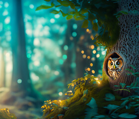 Cute animals OWL in the magic forest
