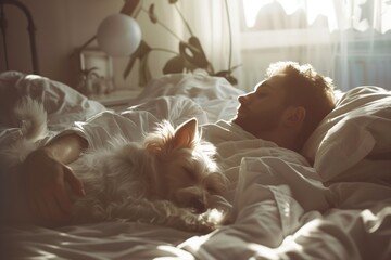 A man is peacefully sleeping in bed with a cat, finding comfort in the presence of the carnivore. The felines whiskers and fur provide a sense of calm in the room