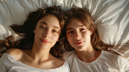 two girls laying on a bed
