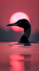 A loon displays its beak in photorealistic detail against a sky pinked by the setting sun. Close-up of a common loon under the magical touch of the twilight sun in tonal reproduction.