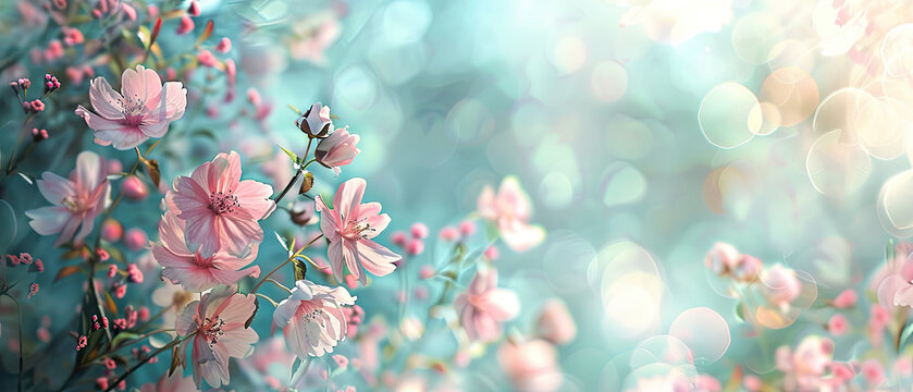Soft pink flowers bloom against a bokeh background, creating a refreshing springtime image