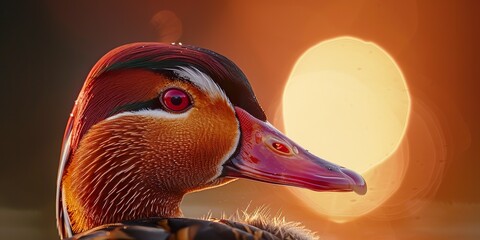 A mandarin duck displays its beak in photorealistic detail against a sky pinked by the setting sun. Close-up of a Mandarin duck under the magical touch of the twilight sun in tonal reproduction.