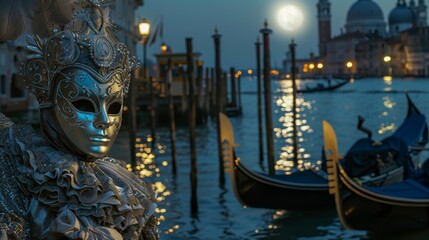 Elegant Venetian carnival scene with mysterious masked figures in traditional costumes, under moonlight on a canal with gondolas and historical architecture.