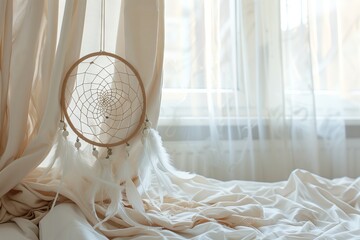 A handmade dream catcher made of twigs and textile is displayed on top of a wooden bed frame next to a window, creating a peaceful still life photography scene in the room - obrazy, fototapety, plakaty