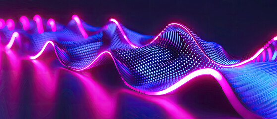 A captivating wave pattern with a neon glow in blue and pink tones, conveying energy and rhythm - obrazy, fototapety, plakaty