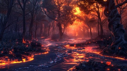 Fantasy landscape where rivers of lava flow through a mystical forest at dusk, lighting up the trees