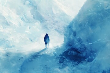 The lost explorer in winter, frozen in time, captured by the blizzard white raw, untamed, and iceberg blue unyielding force of a cold, icy blizzard - obrazy, fototapety, plakaty
