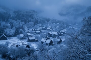 The sleeping village in winter, frozen in time, captured by the icy white raw, untamed, and shadowy indigo unyielding force of a cold, icy blizzard - obrazy, fototapety, plakaty