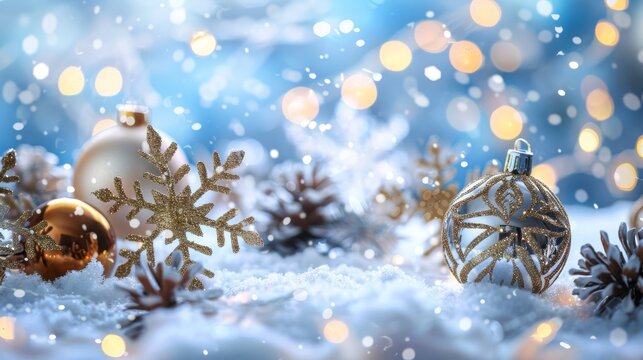 Festive winter holiday scene with snowflakes and Christmas decorations, embodying the spirit of the season.