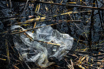 Water pollution with plastic. Old plastic bag in the river