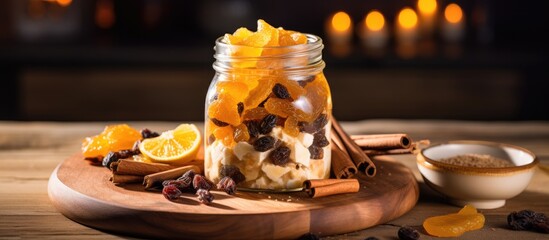 A jar filled with orange slices and cinnamon sticks on a wooden cutting board, perfect for adding flavor to your favorite recipes and dishes - Powered by Adobe