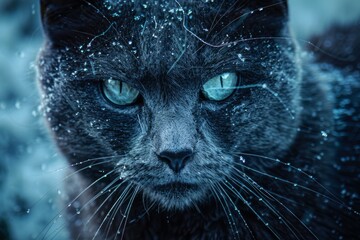 The stray cat in winter, frozen in time, captured by the silver frost raw, untamed, and inky blue unyielding force of a cold, icy blizzard - obrazy, fototapety, plakaty