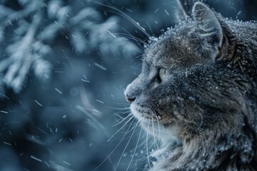 Fototapeta premium The stray cat in winter, frozen in time, captured by the silver frost raw, untamed, and inky blue unyielding force of a cold, icy blizzard