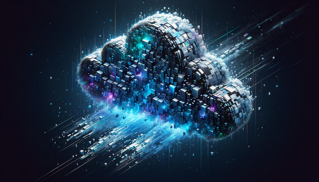 Abstract cloud storage concept with shimmering pixel cloud disintegrating into a digital stream.