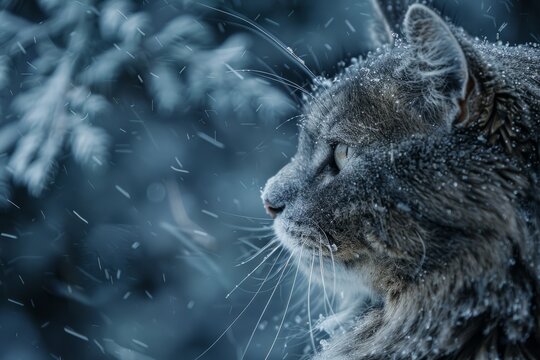 The stray cat in winter, frozen in time, captured by the silver frost raw, untamed, and inky blue unyielding force of a cold, icy blizzard