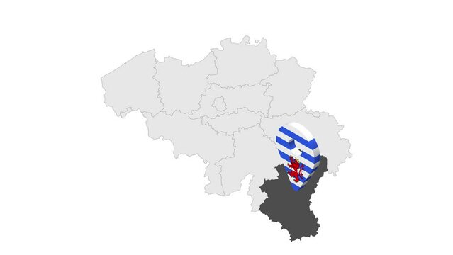 Location Luxembourg Province on map Belgium. 3d  Luxembourg Province flag map marker location pin. Map of Belgium showing different parts. Animated map Provinces of Belgium. 4K.  Video