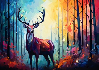 deer in a wood with a colourful background