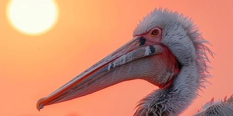 A pelican displays its beak in photorealistic detail against a sky pink by the setting sun. Close-up of a pelican under the magical touch of the twilight sun in tonal reproduction. - obrazy, fototapety, plakaty