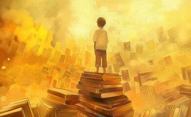 Kleiner Junge steht auf einem Stapel Bücher im Sonnenuntergang, Konzept lernen, Fantasie und Kreativität - obrazy, fototapety, plakaty